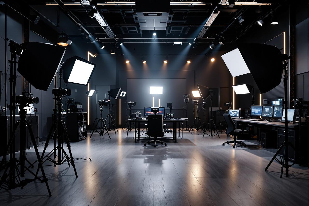媒体引擎35专业影视工作室内景，配备专业摄影机和灯光设备